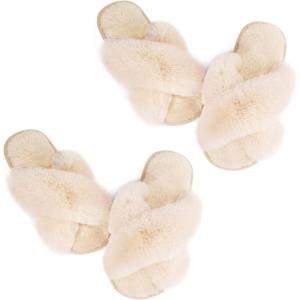 imageAnkis Womens Fuzzy Fluffy Slippers  2Pair Cozy Soft Comfy Relax Fluffy Slippers Cross Band Open Toe Nonslip Womens Slippers Indoor and Outdoor Fluffy Slippers Fuzzy SlippersCamel