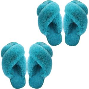 imageAnkis Womens Fuzzy Fluffy Slippers  2Pair Cozy Soft Comfy Relax Fluffy Slippers Cross Band Open Toe Nonslip Womens Slippers Indoor and Outdoor Fluffy Slippers Fuzzy SlippersGreen