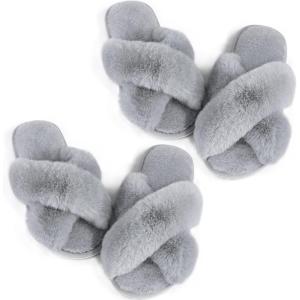 imageAnkis Womens Fuzzy Fluffy Slippers  2Pair Cozy Soft Comfy Relax Fluffy Slippers Cross Band Open Toe Nonslip Womens Slippers Indoor and Outdoor Fluffy Slippers Fuzzy SlippersGrey