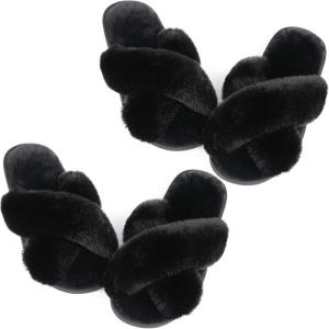 imageAnkis Womens Fuzzy Fluffy Slippers  2Pair Cozy Soft Comfy Relax Fluffy Slippers Cross Band Open Toe Nonslip Womens Slippers Indoor and Outdoor Fluffy Slippers Fuzzy SlippersBlack