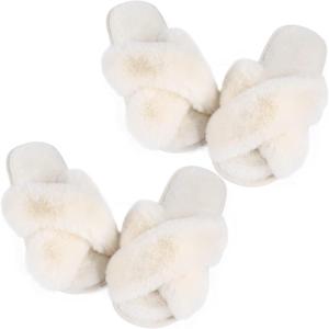 imageAnkis Womens Fuzzy Fluffy Slippers  2Pair Cozy Soft Comfy Relax Fluffy Slippers Cross Band Open Toe Nonslip Womens Slippers Indoor and Outdoor Fluffy Slippers Fuzzy SlippersWhite
