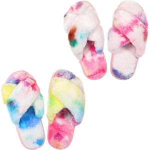imageAnkis Womens Fuzzy Fluffy Slippers  2Pair Cozy Soft Comfy Relax Fluffy Slippers Cross Band Open Toe Nonslip Womens Slippers Indoor and Outdoor Fluffy Slippers Fuzzy SlippersRainbow