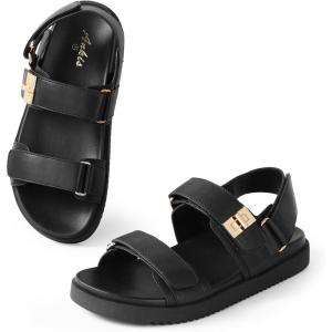 imageAnkis Black White Beige Nude Womens Flat Sandals Comfort Adjustable Front Strap and with a Back Strap Women Summer SandalsBlack Pu
