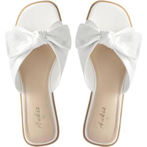 imageAnkis Womens Black White Flat Sandals for Women Dressy Comfortable Summer Beach Sandals for Women 2025 Cute Bow Square Open Toe Slide SandalsBeige White