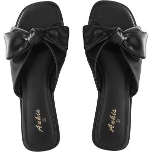 imageAnkis Womens Black White Flat Sandals for Women Dressy Comfortable Summer Beach Sandals for Women 2025 Cute Bow Square Open Toe Slide SandalsDark Black