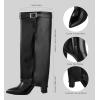 imageAnkis Fold Over Knee High Boots for Women Chunky Heels Pointed toe with Side Zipper Long Tall BootsBlack Pu