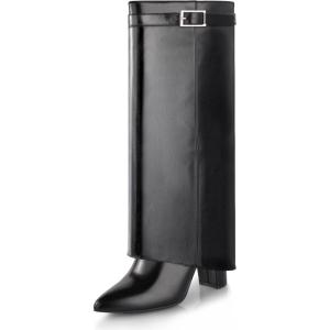 imageAnkis Fold Over Knee High Boots for Women Chunky Heels Pointed toe with Side Zipper Long Tall BootsBlack Pu