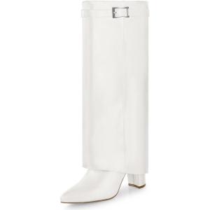 imageAnkis Fold Over Knee High Boots for Women Chunky Heels Pointed toe with Side Zipper Long Tall BootsWhite Pu