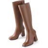 imageAnkis Knee High Boots for Women Squared Toe Chunky High Heel with Side Zipper Long BootsBrown Pu
