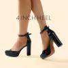 imageAnkis Black Platform Closed Toe Heels for Women Womens Heels Closed Round Toe Chunky Block Pumps Shoes 4 InchBlack Patent
