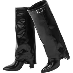 imageAnkis Fold Over Knee High Boots for Women Chunky Heels Pointed toe with Side Zipper Long Tall BootsBlack Pu
