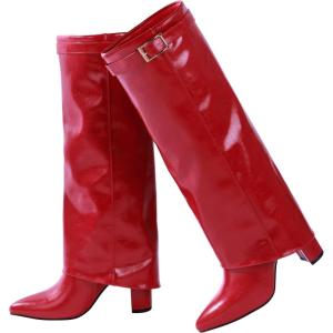 imageAnkis Fold Over Knee High Boots for Women Chunky Heels Pointed toe with Side Zipper Long Tall BootsRed Pu