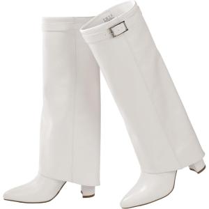 imageAnkis Fold Over Knee High Boots for Women Chunky Heels Pointed toe with Side Zipper Long Tall BootsWhite Pu