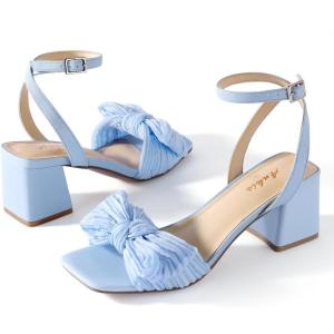 image:imageAnkis White Gold Blue Bow Women Heel Chunky Wedding Shoes for Bride 225 Inch Heel Open Square Toe Ankle Buckle Strap Dressy Pleated Comfortable Fashion Shoe Party Graduation Event 2026Blue