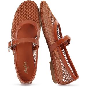 image:imageAnkis Mesh Ballet Flats for Women Black Mesh Flats Buckle Strap Mary Jane Ballerina Flats Womens Fishnet Flat Sandals Shoes for Dressy SummerBrown