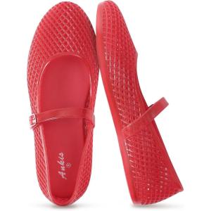image:imageAnkis Mesh Ballet Flats for Women Black Mesh Flats Buckle Strap Mary Jane Ballerina Flats Womens Fishnet Flat Sandals Shoes for Dressy SummerJelly Red