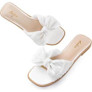 image:imageAnkis Womens Pleated Bow Flat Sandals White Gold Sandals for Women 2026 Dressy Comfortable Open Toe Dress Sandals for Summer Beach Wedding Party Graduation Slip On Slides SandalsWhite