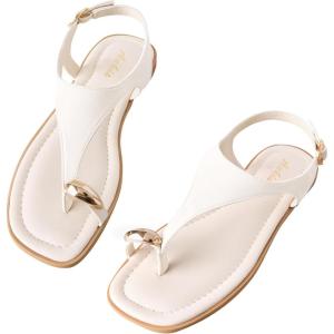 image:imageWomens Toe Ring Thong Sandals Comfortable White Black Flat Sandals for Women 2026 T Strap Square Open Toe Slide Sandals Adjustable Ankle Strap Flip Flops for Summer Beach Casual ShoesBeige