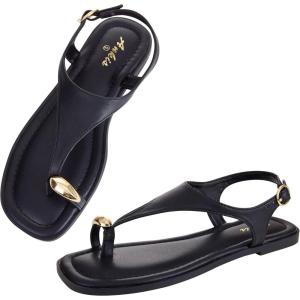 image:imageWomens Toe Ring Thong Sandals Comfortable White Black Flat Sandals for Women 2026 T Strap Square Open Toe Slide Sandals Adjustable Ankle Strap Flip Flops for Summer Beach Casual ShoesBlack Pu