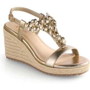 image:imageAnkis Wedge Sandals for Women Espadrille Womens Wedge Sandals Comfortable Open Toe Flower T Strap High Heel Wedges for Women Dressy Summer 34InchGold Pu