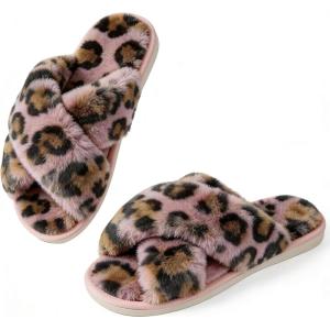 image:imageAnkis Womens Fuzzy Slippers Memory Foam Cross Band Cozy House Slippers Plush Home Fluffy Furry Slippers Open Toe Cute Soft Ladies Indoor Outdoor Slipper Slides Wedding Bride Shoes GiftsPink Leopard
