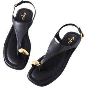 image:imageWomens Toe Ring Thong Sandals Comfortable White Black Flat Sandals for Women 2026 T Strap Square Open Toe Slide Sandals Adjustable Ankle Strap Flip Flops for Summer Beach Casual ShoesBlack