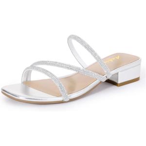image:imageAnkis Black Nude White Strappy Heels Women 1 Inch Low Chunky Block Heel Heeled Sandals Square Open Toe Slip On Slides MulesSilver Purhinestone