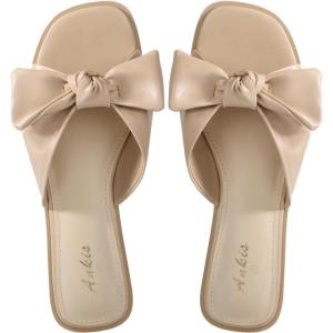image:imageWhite Sandals Womens Bow Flat Sandals Dressy  Cute Summer Beach Sandals for Women 2026 Square Open Toe Comfortable Slip On Slide Sandals Bride Wedding Bridal Dress Shoes Slippers Balck Pink Gold NudeNude