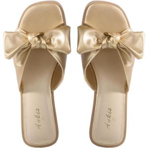 image:imageWhite Sandals Womens Bow Flat Sandals Dressy  Cute Summer Beach Sandals for Women 2026 Square Open Toe Comfortable Slip On Slide Sandals Bride Wedding Bridal Dress Shoes Slippers Balck Pink Gold NudeGold