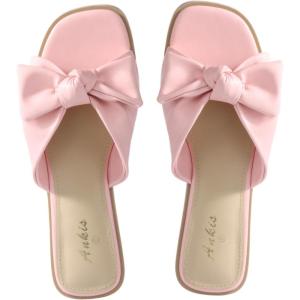 image:imageWhite Sandals Womens Bow Flat Sandals Dressy  Cute Summer Beach Sandals for Women 2026 Square Open Toe Comfortable Slip On Slide Sandals Bride Wedding Bridal Dress Shoes Slippers Balck Pink Gold NudePink