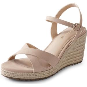 image:imageAnkis Wedge Sandals for Women Espadrille Womens Wedge Sandals Comfortable Open Toe Cross Band Ankle Strap High Heel Wedges for Women Dressy Summer 34InchNude Suede