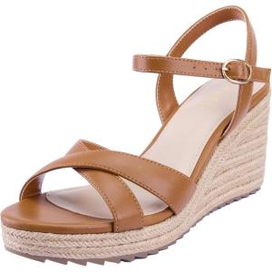 image:imageAnkis Wedge Sandals for Women Espadrille Womens Wedge Sandals Comfortable Open Toe Cross Band Ankle Strap High Heel Wedges for Women Dressy Summer 34InchBrown Pu