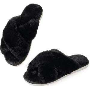 image:imageAnkis Womens Fuzzy Slippers Cross Band Memory Foam Open Toe Comfy Soft House Shoes AntiSlip Indoor Outdoor Gifts for WomenBlack