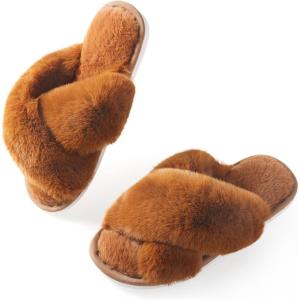 image:imageAnkis Womens Fuzzy Slippers Cross Band Memory Foam Open Toe Comfy Soft House Shoes AntiSlip Indoor Outdoor Gifts for WomenBrown
