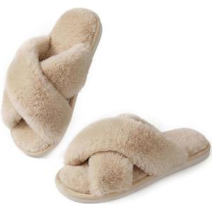 image:imageAnkis Womens Fuzzy Slippers Cross Band Memory Foam Open Toe Comfy Soft House Shoes AntiSlip Indoor Outdoor Gifts for WomenCamel