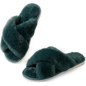 image:imageAnkis Womens Fuzzy Slippers Cross Band Memory Foam Open Toe Comfy Soft House Shoes AntiSlip Indoor Outdoor Gifts for WomenDark Green