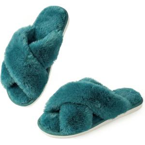image:imageAnkis Womens Fuzzy Slippers Cross Band Memory Foam Open Toe Comfy Soft House Shoes AntiSlip Indoor Outdoor Gifts for WomenGreen