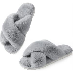 image:imageAnkis Womens Fuzzy Slippers Cross Band Memory Foam Open Toe Comfy Soft House Shoes AntiSlip Indoor Outdoor Gifts for WomenGrey