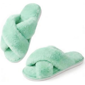 image:imageAnkis Womens Fuzzy Slippers Cross Band Memory Foam Open Toe Comfy Soft House Shoes AntiSlip Indoor Outdoor Gifts for WomenMint Green
