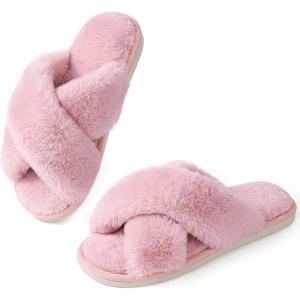 image:imageAnkis Womens Fuzzy Slippers Cross Band Memory Foam Open Toe Comfy Soft House Shoes AntiSlip Indoor Outdoor Gifts for WomenPink