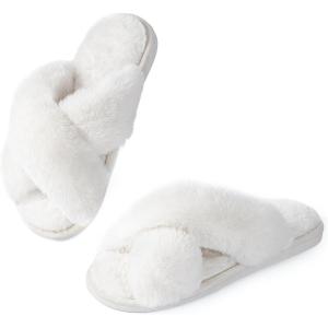 image:imageAnkis Womens Fuzzy Slippers Cross Band Memory Foam Open Toe Comfy Soft House Shoes AntiSlip Indoor Outdoor Gifts for WomenPure White