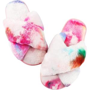 image:imageAnkis Womens Fuzzy Slippers Cross Band Memory Foam Open Toe Comfy Soft House Shoes AntiSlip Indoor Outdoor Gifts for WomenRainbow