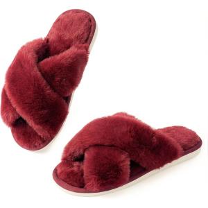 image:imageAnkis Womens Fuzzy Slippers Cross Band Memory Foam Open Toe Comfy Soft House Shoes AntiSlip Indoor Outdoor Gifts for WomenRed