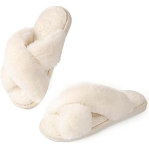 image:imageAnkis Womens Fuzzy Slippers Cross Band Memory Foam Open Toe Comfy Soft House Shoes AntiSlip Indoor Outdoor Gifts for WomenWhite
