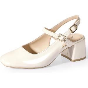 image:imageAnkis Womens Mary Jane Heels Slingback Chunky Low Heels Square Toe Dress Pumps for Office Wedding PartyBeige Patent