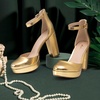 image:imageAnkis Black Platform Closed Toe Heels for Women Womens Heels Closed Round Toe Chunky Block Pumps Shoes 4 InchGold Pu