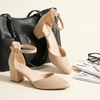 image:imageAnkis Closed Toe Heels for Women Black Nude Gold Silver Pointed Toe Heels Low Block Chunky Women Pumps with Ankle Strap 225 InchNude Suede