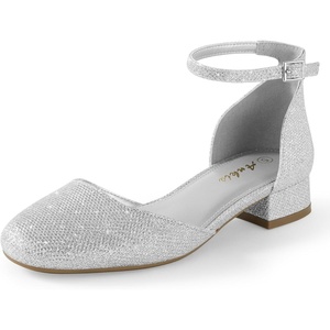 image:imageAnkis Silver Closed Toe Heels for Women 1 Inch Womens Flats Low Block Heel Women Dress Shoes Womens Pumps Work Shoes with Ankle Strap for Spring Fall