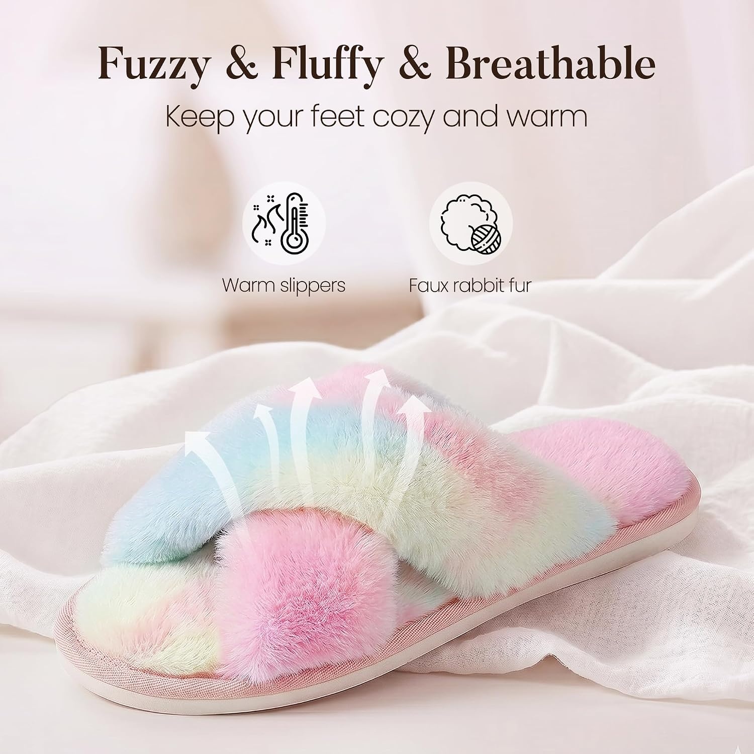 image:imageAnkis Womens Fuzzy Slippers Cross Band Memory Foam Open Toe Comfy Soft House Shoes AntiSlip Indoor Outdoor Gifts for WomenMulticolor