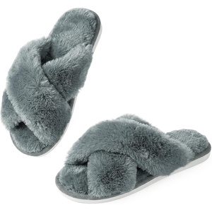 image:imageAnkis Womens Fuzzy Slippers Cross Band Memory Foam Open Toe Comfy Soft House Shoes AntiSlip Indoor Outdoor Gifts for WomenDark Grey